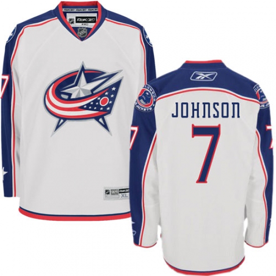 Women's Reebok Columbus Blue Jackets 7 Jack Johnson Authentic White Away NHL Jersey