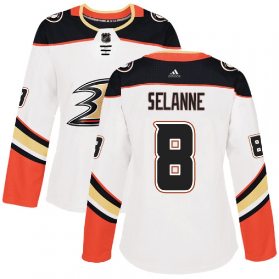 Women's Adidas Anaheim Ducks 8 Teemu Selanne Authentic White Away NHL Jersey