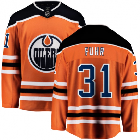 Youth Edmonton Oilers 31 Grant Fuhr Fanatics Branded Orange Home Breakaway NHL Jersey