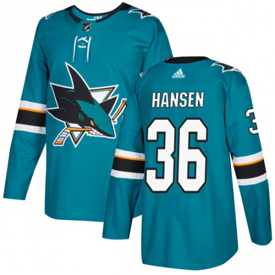 Men's Adidas San Jose Sharks 36 Jannik Hansen Premier Teal Green Home NHL Jersey