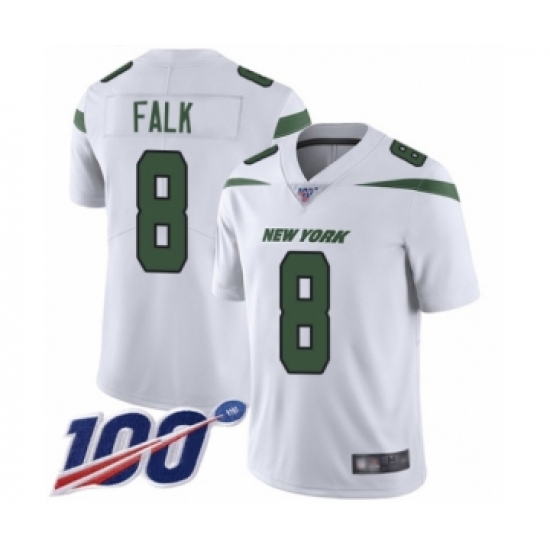 Men's New York Jets 8 Luke Falk White Vapor Untouchable Limited Player 100th Season Football Jersey