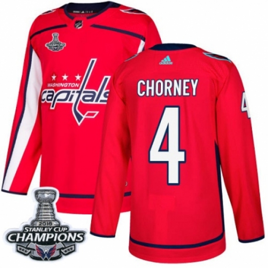 Men's Adidas Washington Capitals 4 Taylor Chorney Authentic Red Home 2018 Stanley Cup Final Champions NHL Jersey