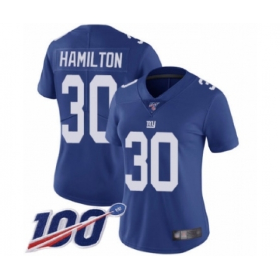 Women's New York Giants 30 Antonio Hamilton Royal Blue Team Color Vapor Untouchable Limited Player 100th Season Football Jersey