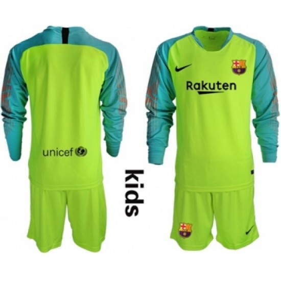 Barcelona Blank Shiny Green Goalkeeper Long Sleeves Kid Soccer Club Jersey