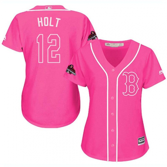 Women's Majestic Boston Red Sox 12 Brock Holt Authentic Pink Fashion 2018 World Series Champions MLB Jersey