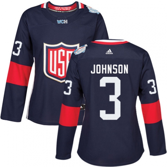 Women's Adidas Team USA 3 Jack Johnson Authentic Navy Blue Away 2016 World Cup Hockey Jersey