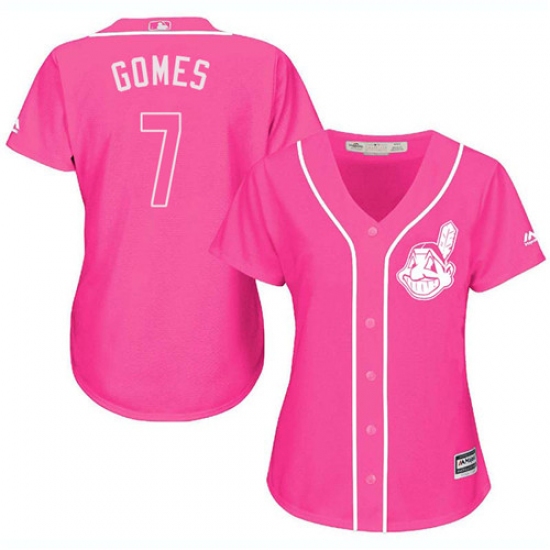 Women's Majestic Cleveland Indians 7 Yan Gomes Replica Pink Fashion Cool Base MLB Jersey