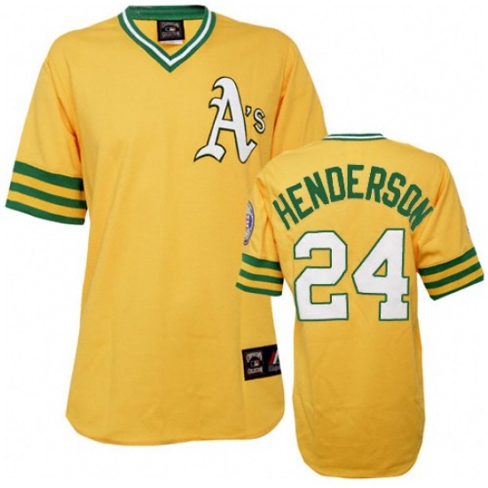 Men's Mitchell and Ness Oakland Athletics 24 Rickey Henderson Replica Gold Throwback MLB Jersey