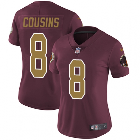 Women's Nike Washington Redskins 8 Kirk Cousins Burgundy Red/Gold Number Alternate 80TH Anniversary Vapor Untouchable Limited Player NFL Jersey