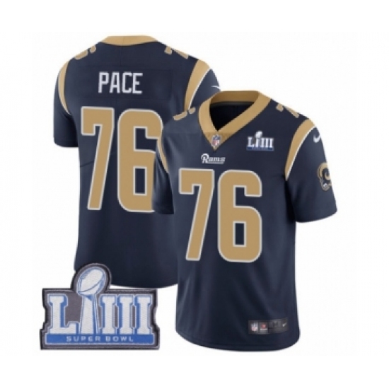 Men's Nike Los Angeles Rams 76 Orlando Pace Navy Blue Team Color Vapor Untouchable Limited Player Super Bowl LIII Bound NFL Jersey