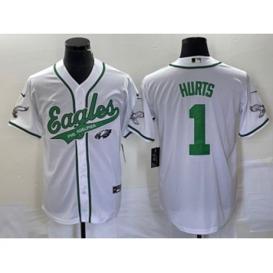 Men's Nike Philadelphia Eagles 1 Jalen Hurts White Cool Base Stitched Baseball Jersey