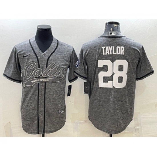 Men's Indianapolis Colts 28 Jonathan Taylor Grey Gridiron With Patch Cool Base Stitched Baseball Jerseys