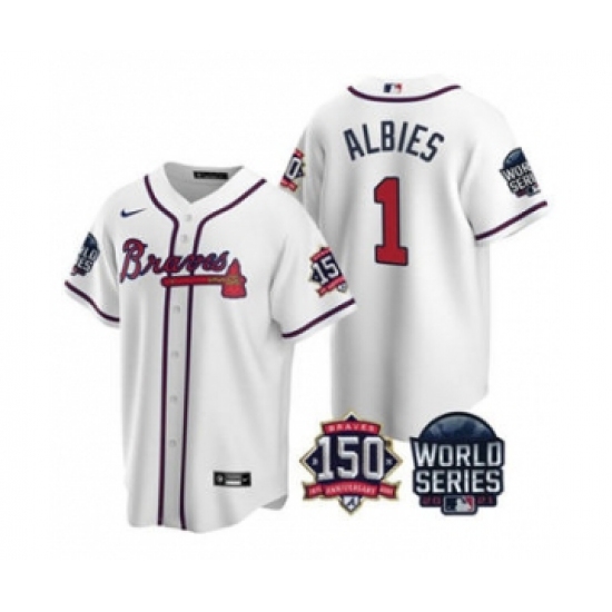 Men's Atlanta Braves 1 Ozzie Albies 2021 White World Series With 150th Anniversary Patch Cool Base Baseball Jersey