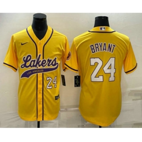 Men's Los Angeles Lakers 24 Kobe Bryant Number Yellow With Cool Base Stitched Baseball Jersey