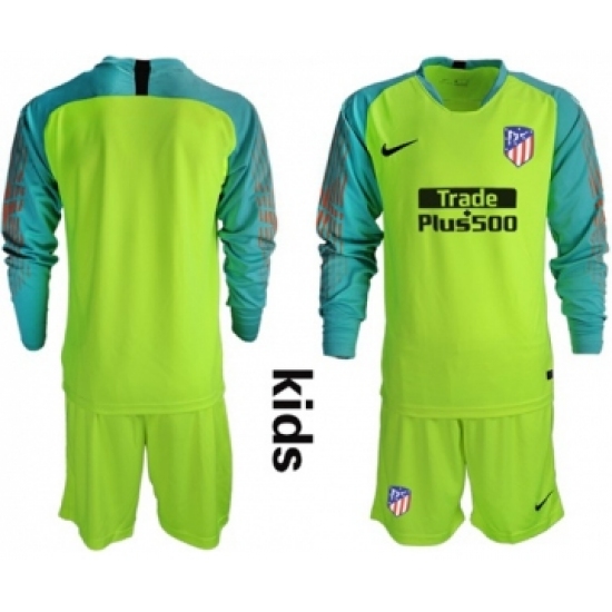 Atletico Madrid Blank Shiny Green Goalkeeper Long Sleeves Kid Soccer Club Jersey