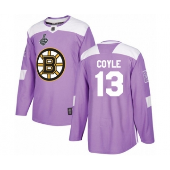 Men's Boston Bruins 13 Charlie Coyle Authentic Purple Fights Cancer Practice 2019 Stanley Cup Final Bound Hockey Jersey