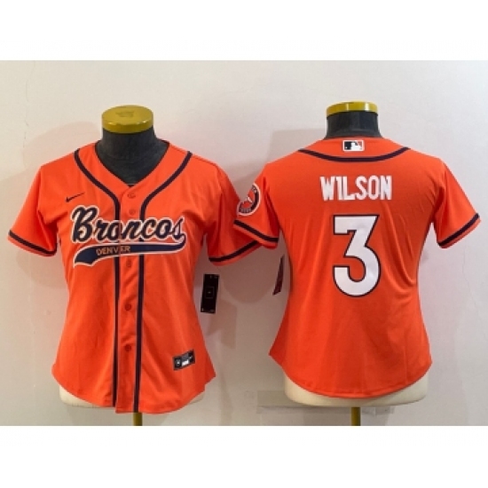 Women's Denver Broncos 3 Russell Wilson Orange With Patch Cool Base Stitched Baseball Jersey