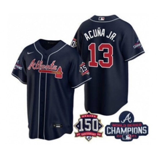 Men's Atlanta Braves 13 Ronald Acuna Jr. 2021 Navy World Series Champions With 150th Anniversary Patch Cool Base Stitched Jersey