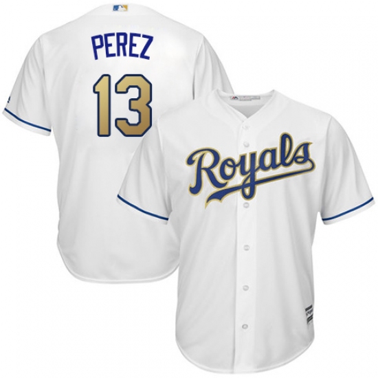 Youth Majestic Kansas City Royals 13 Salvador Perez Authentic White Home Cool Base MLB Jersey