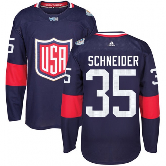 Youth Adidas Team USA 35 Cory Schneider Premier Navy Blue Away 2016 World Cup Ice Hockey Jersey