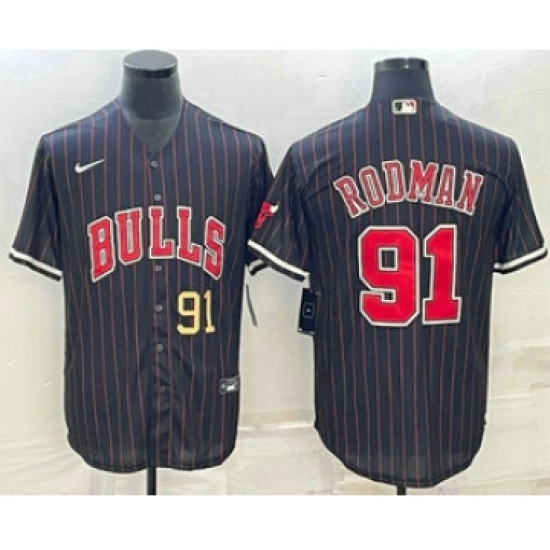 Men's Chicago Bulls 91 Dennis Rodman Number Black With Cool Base Stitched Baseball Jersey