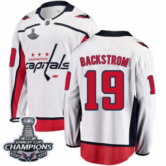 Youth Washington Capitals 19 Nicklas Backstrom Fanatics Branded White Away Breakaway 2018 Stanley Cup Final Champions NHL Jersey