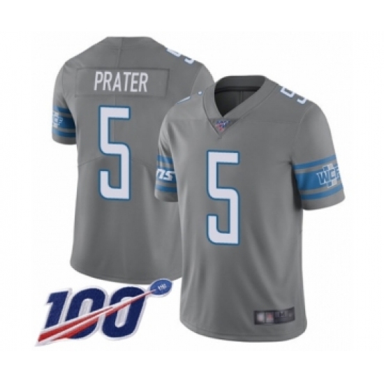 Men's Detroit Lions 5 Matt Prater Limited Steel Rush Vapor Untouchable 100th Season Football Jersey