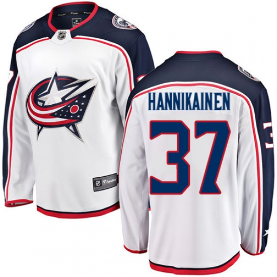 Youth Columbus Blue Jackets 37 Markus Hannikainen Fanatics Branded White Away Breakaway NHL Jersey