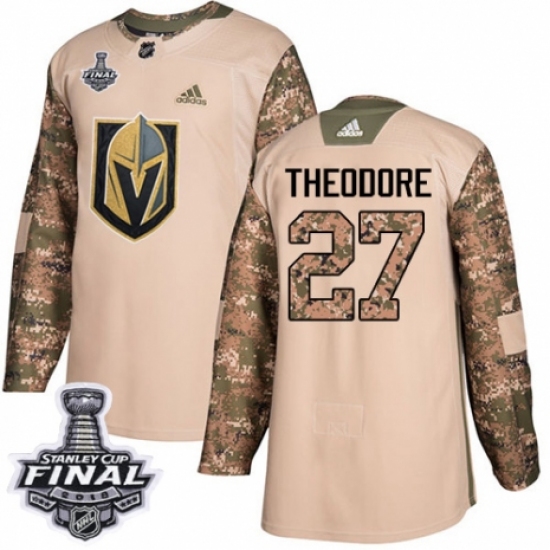 Men's Adidas Vegas Golden Knights 27 Shea Theodore Authentic Camo Veterans Day Practice 2018 Stanley Cup Final NHL Jersey