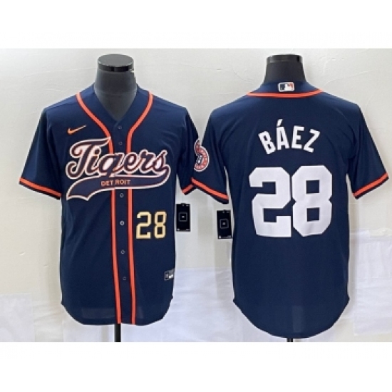 Men's Detroit Tigers 28 Javier Baez Number Navy Blue Cool Base Stitched Baseball Jersey