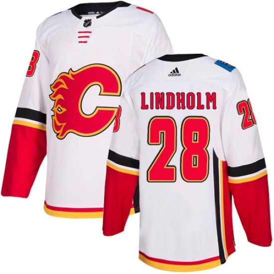 Men's Adidas Calgary Flames 28 Elias Lindholm White Road Authentic Stitched NHL Jersey