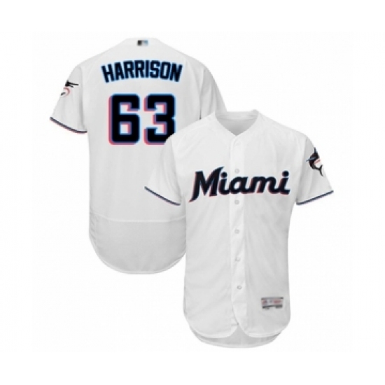 Men's Miami Marlins 63 Monte Harrison White Home Flex Base Authentic Collection Baseball Player Jersey