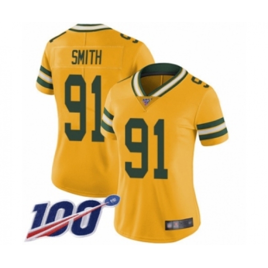 Women's Green Bay Packers 91 Preston Smith Limited Gold Rush Vapor Untouchable 100th Season Football Jersey