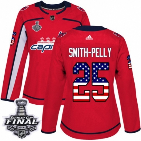 Women's Adidas Washington Capitals 25 Devante Smith-Pelly Authentic Red USA Flag Fashion 2018 Stanley Cup Final NHL Jersey