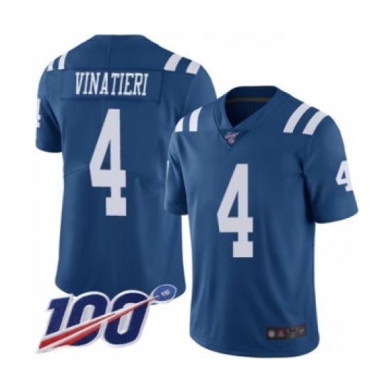 Men's Indianapolis Colts 4 Adam Vinatieri Limited Royal Blue Rush Vapor Untouchable 100th Season Football Jersey