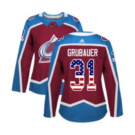 Women's Adidas Colorado Avalanche 31 Philipp Grubauer Authentic Burgundy Red USA Flag Fashion NHL Jersey