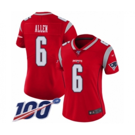 Women's New England Patriots 6 Ryan Allen Limited Red Inverted Legend 100th Season Football Jersey