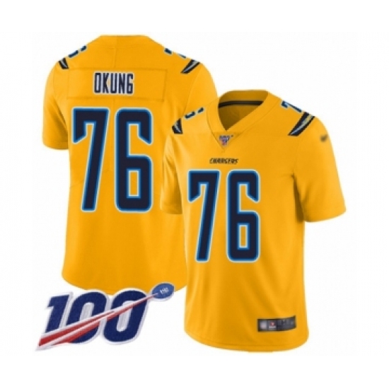 Youth Los Angeles Chargers 76 Russell Okung Limited Gold Inverted Legend 100th Season Football Jersey