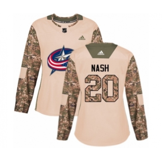 Women's Adidas Columbus Blue Jackets 20 Riley Nash Authentic Camo Veterans Day Practice NHL Jersey