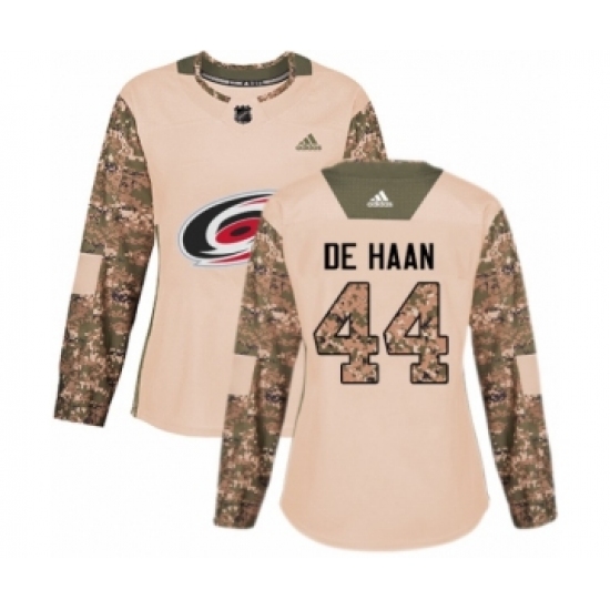 Women's Adidas Carolina Hurricanes 44 Calvin De Haan Authentic Camo Veterans Day Practice NHL Jersey