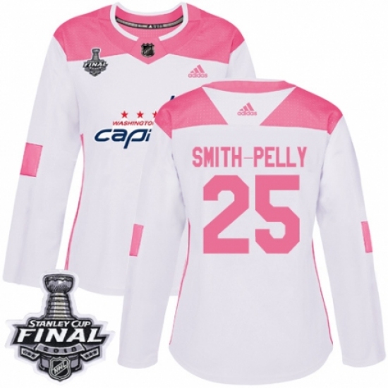 Women's Adidas Washington Capitals 25 Devante Smith-Pelly Authentic White/Pink Fashion 2018 Stanley Cup Final NHL Jersey