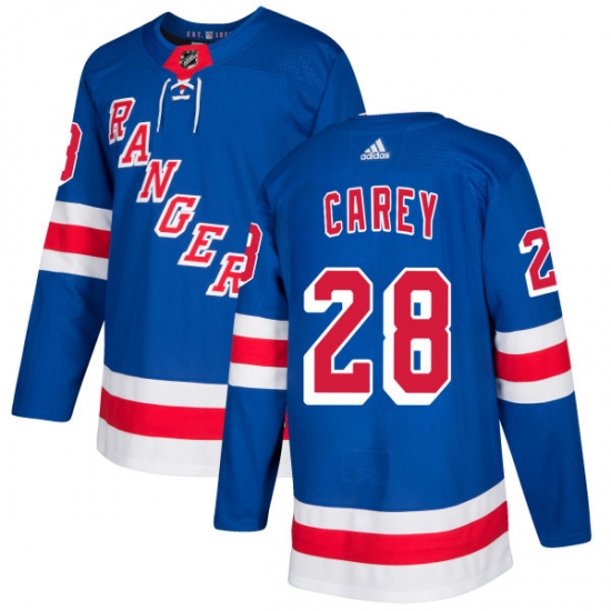 Youth Adidas New York Rangers 28 Paul Carey Authentic Royal Blue Home NHL Jersey