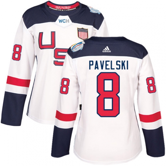 Women's Adidas Team USA 8 Joe Pavelski Authentic White Home 2016 World Cup Hockey Jersey