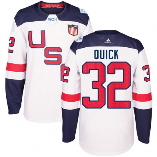 Men's Adidas Team USA 32 Jonathan Quick Authentic White Home 2016 World Cup Ice Hockey Jersey