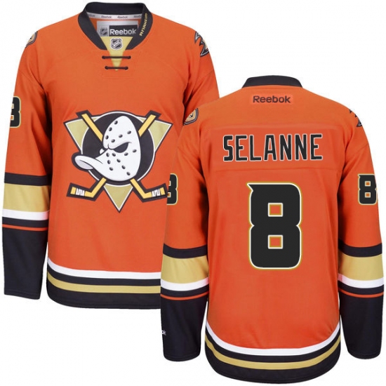 Men's Reebok Anaheim Ducks 8 Teemu Selanne Authentic Orange Third NHL Jersey