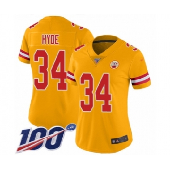 Women's Kansas City Chiefs 34 Carlos Hyde Limited Gold Inverted Legend 100th Season Football Jersey