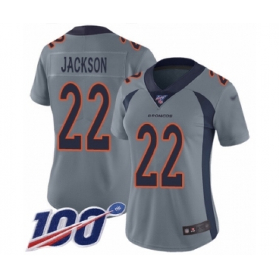 Women's Denver Broncos 22 Kareem Jackson Limited Silver Inverted Legend 100th Season Football Jersey