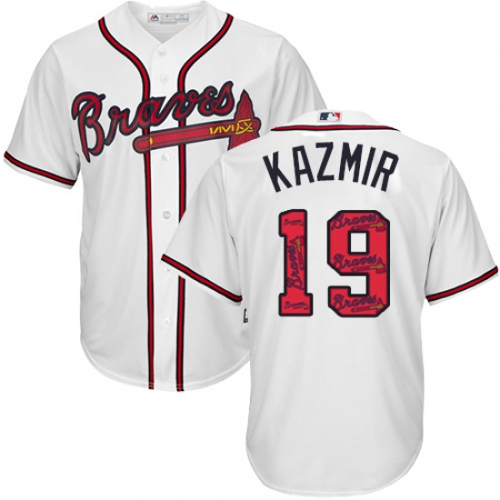 Men's Majestic Atlanta Braves 19 Scott Kazmir Authentic White Team Logo Fashion Cool Base MLB Jersey