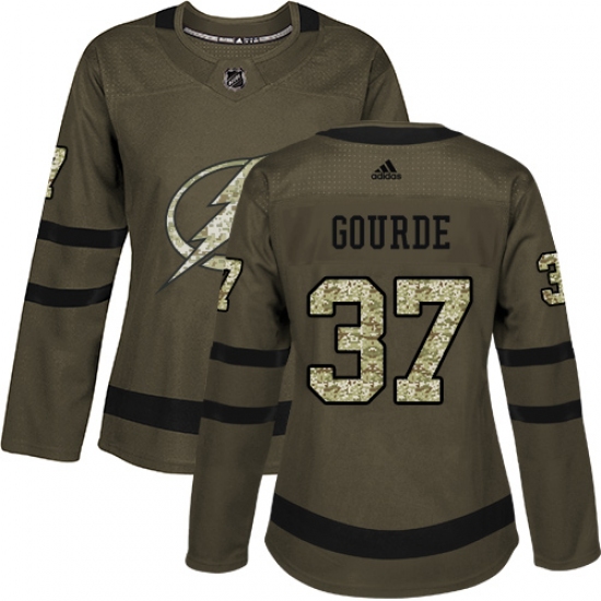 Women's Adidas Tampa Bay Lightning 37 Yanni Gourde Authentic Green Salute to Service NHL Jersey