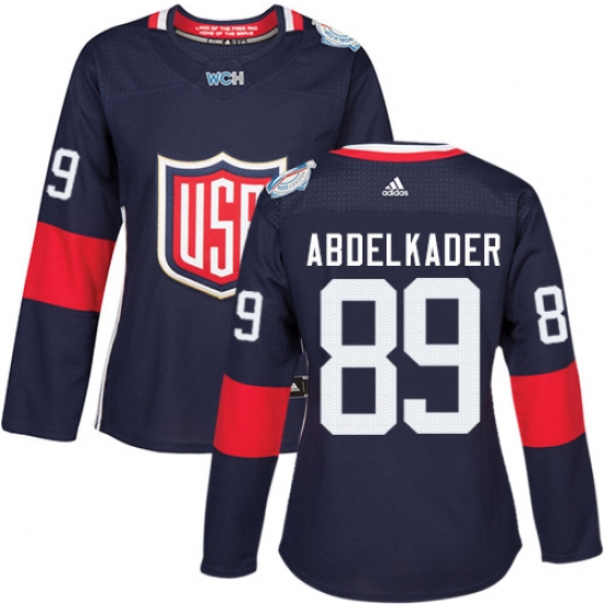 Women's Adidas Team USA 89 Justin Abdelkader Premier Navy Blue Away 2016 World Cup Hockey Jersey